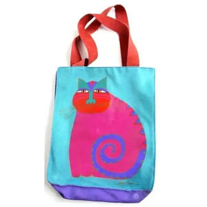 Vintage Blue Cat Laurel Burch Canvas Shopping Art Retro Cat Tote Bag Handbag